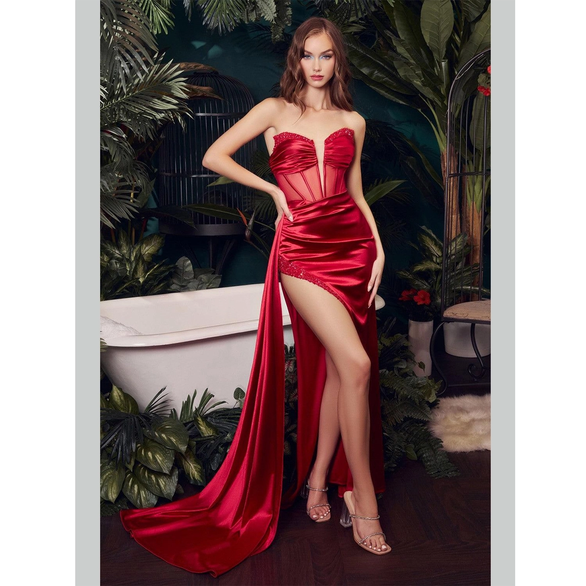 red silk party dress corset bodice ruched waist high thigh slit long flowing side skirt