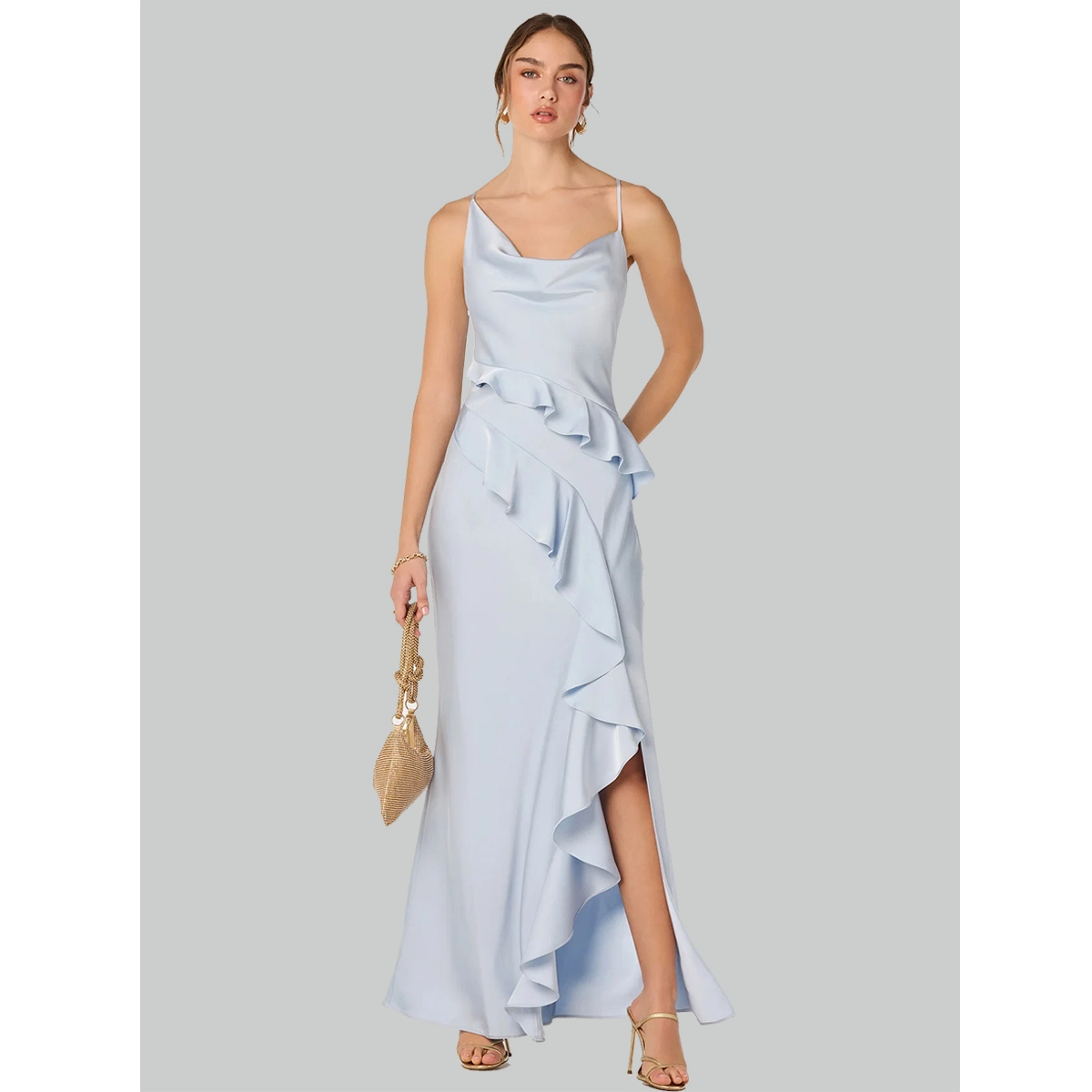 silk ruffle dress cowl neckline side cascade ruffle high slit light blue satin midi-length