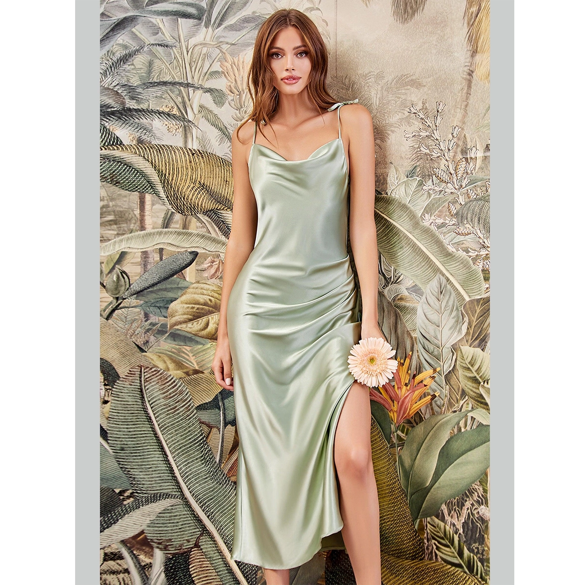 sage green silk dress thin spaghetti straps draped cowl neckline side ruched detailing slim silhouette high side slit