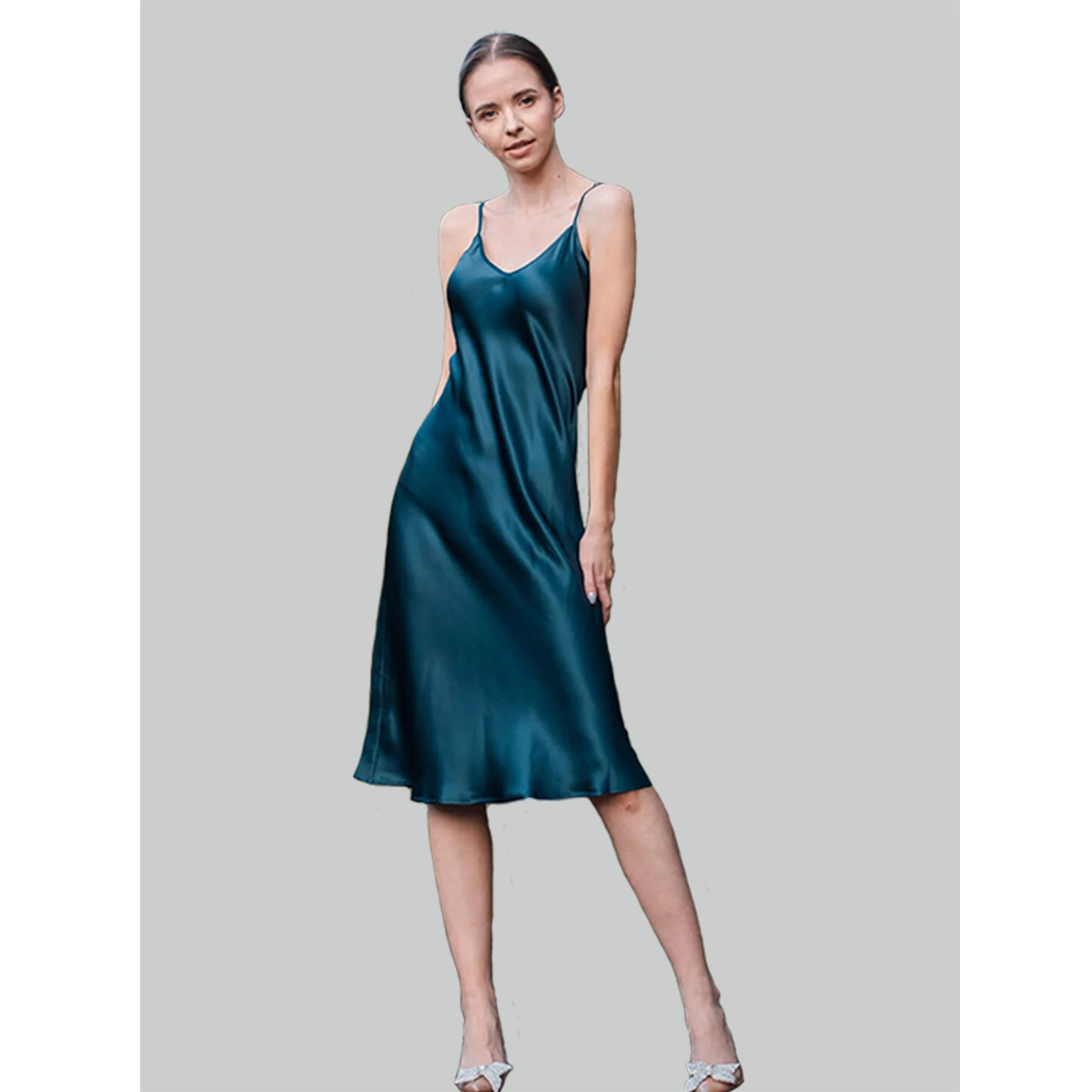 Glossy smooth slip midi silk dress with thin spaghetti straps