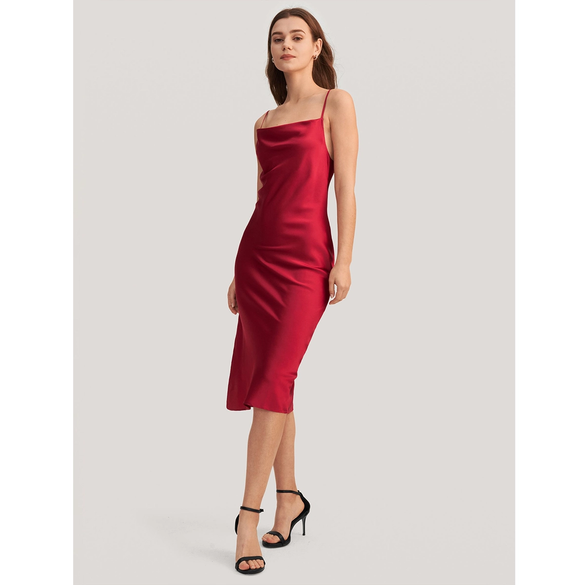 red silk satin midi dress thin spaghetti straps square neckline side ruched detailing slim-fit silhouette
