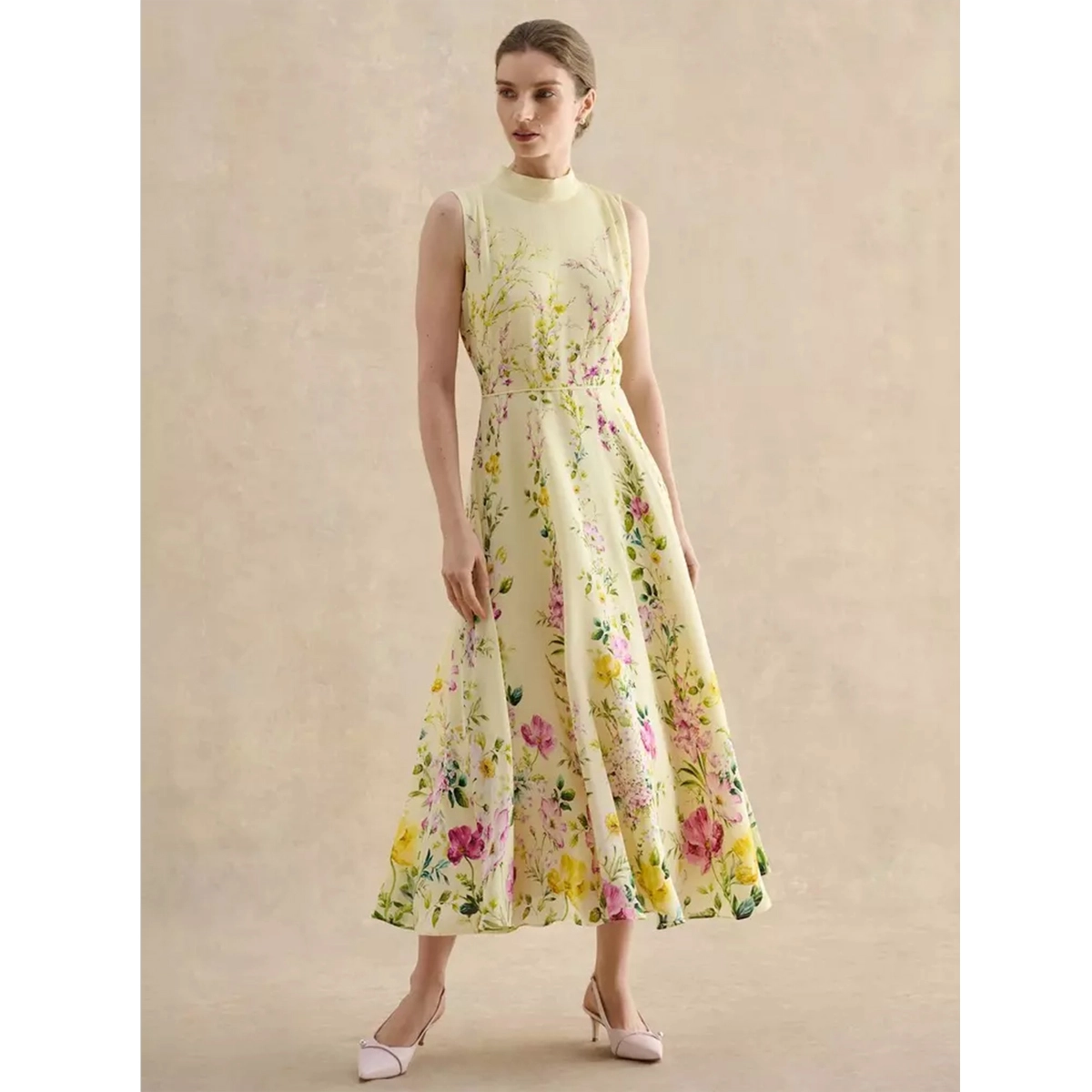 silk sundress sleeveless high neck vintage floral print fitted waist flared hem