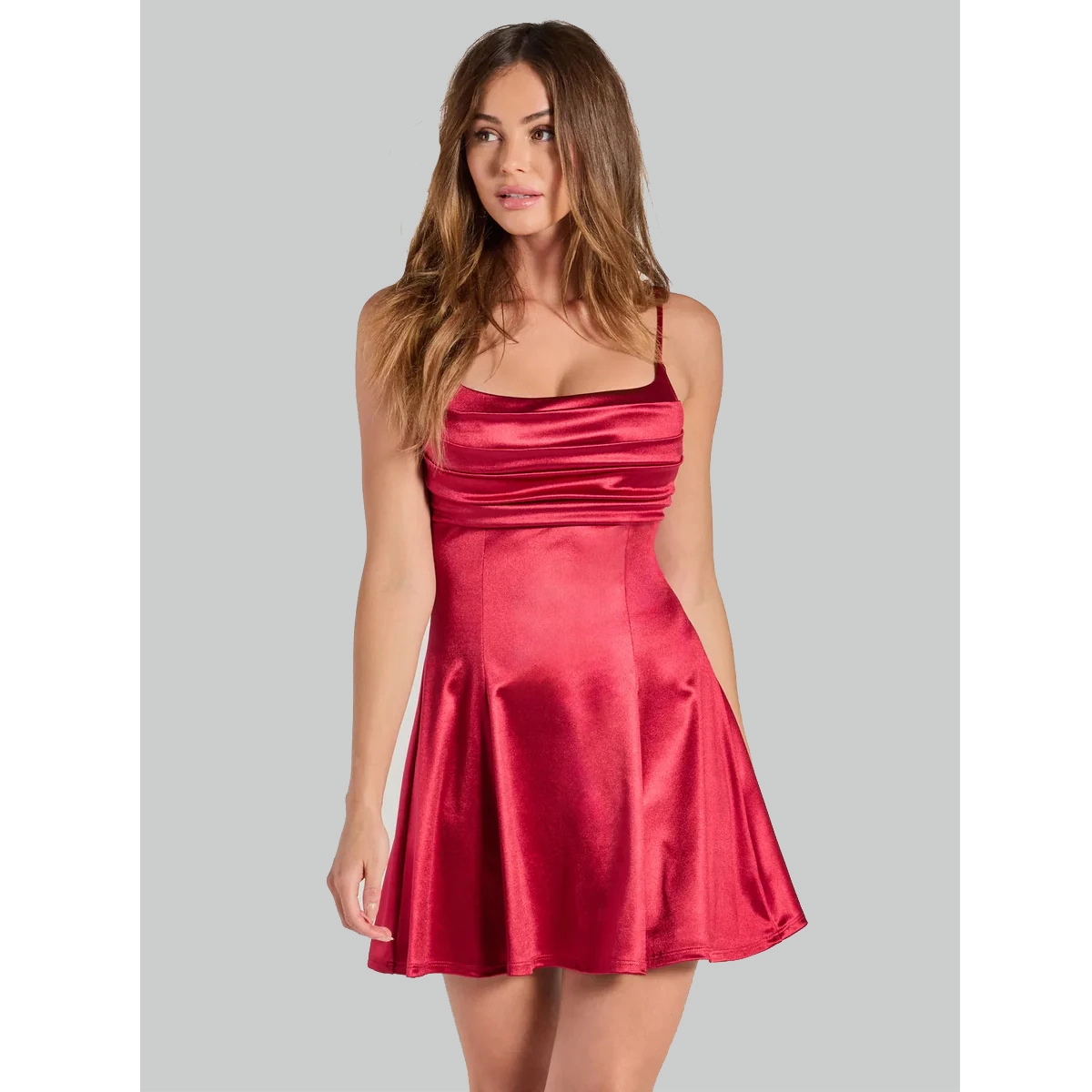 silk skater dress thin spaghetti straps ruched cowl bust red satin flared hem