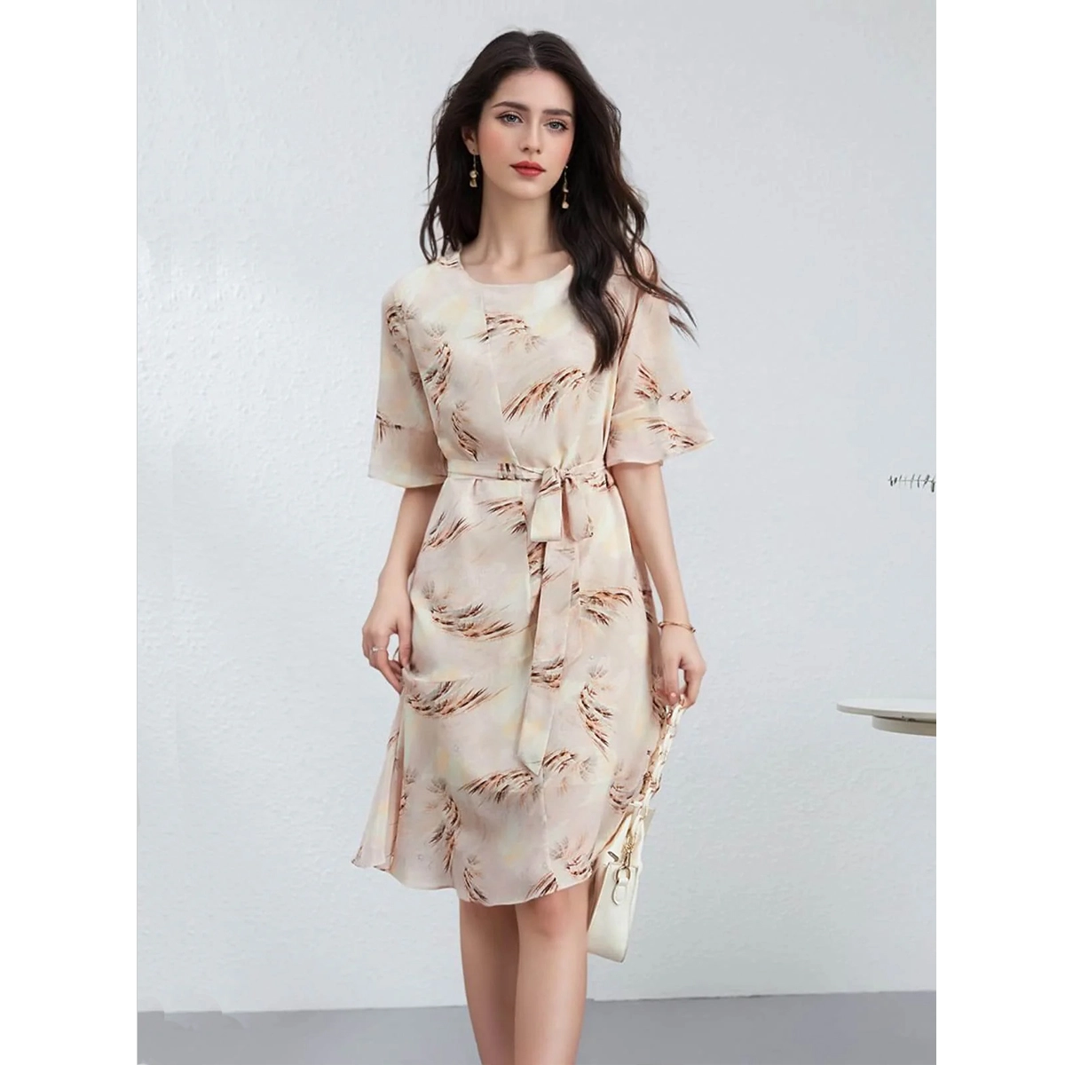 lightweight printed silk summer dress crew neckline short sleeves self-tie waist midi-length silhouette