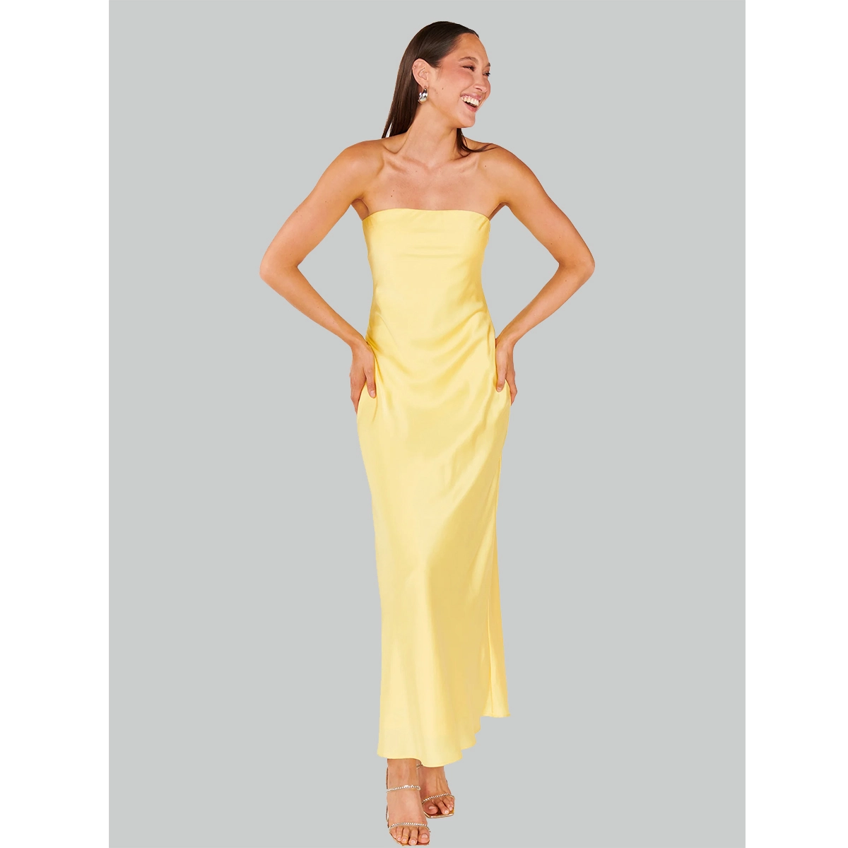 silk tube dress straight tube top side ruched detailing yellow satin slip maxi dress side slit