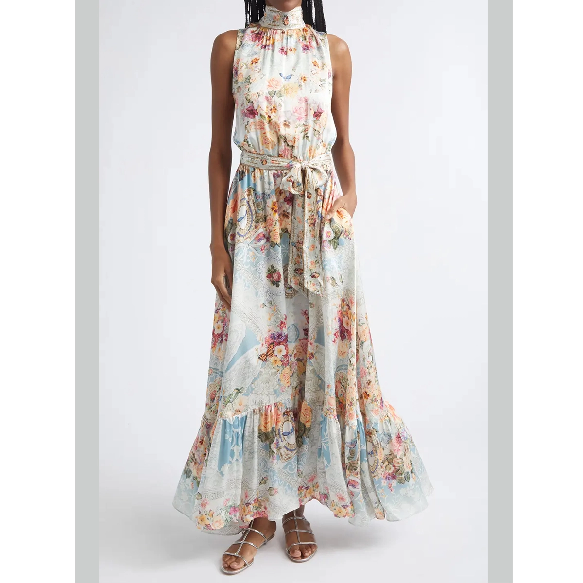 silk vacation dress high neck vintage floral print self-tie waist ruffle hem