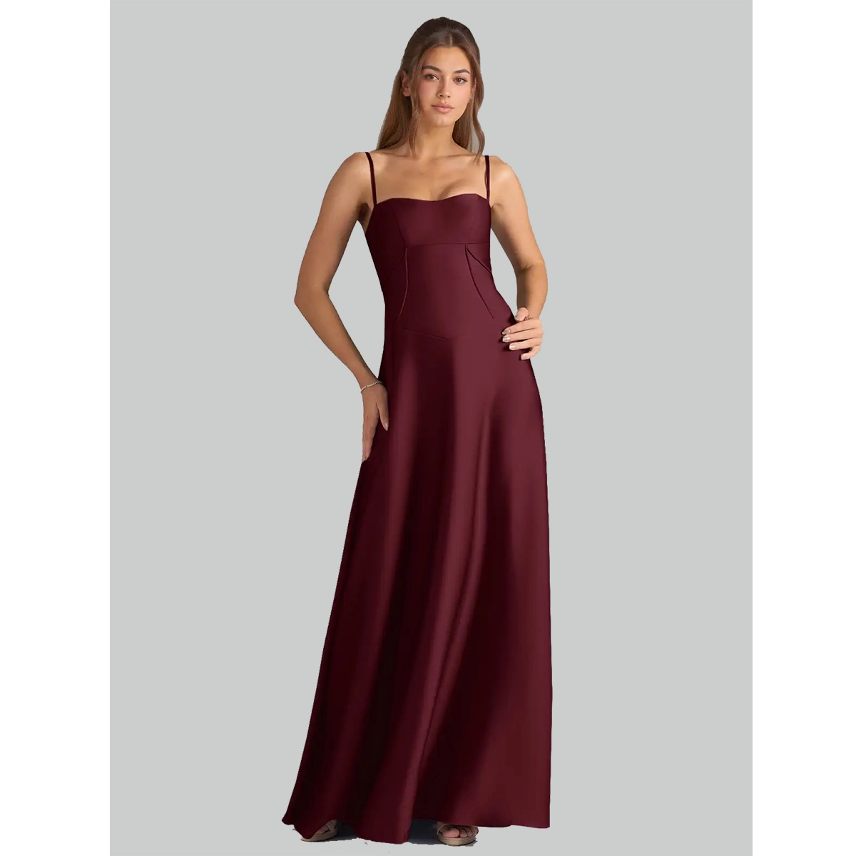 silk valentine dress thin spaghetti straps straight tube bodice structured seam detailing satin a-line floor-length skirt