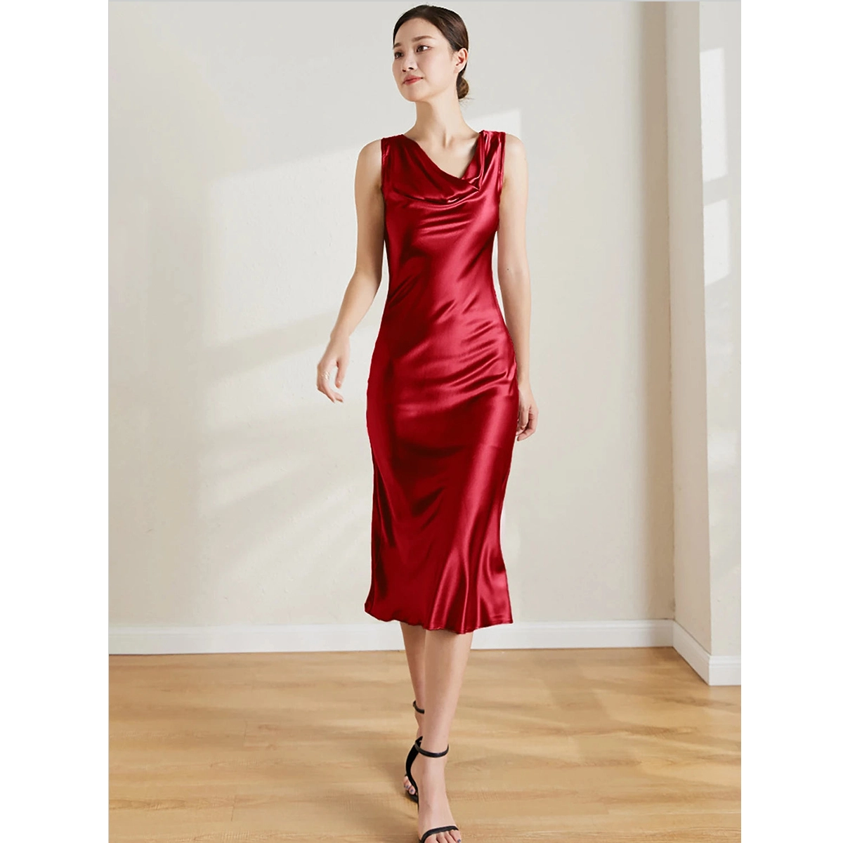 silk vintage dress bright red silk satin cowl neckline side ruched detailing flared hem