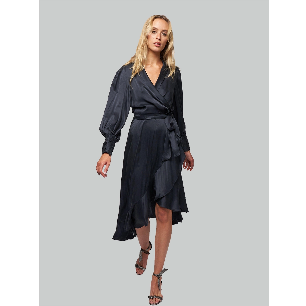 black silk satin wrap dress v-neckline balloon sleeves self-tie waist asymmetrical ruffle hem wholesale private label