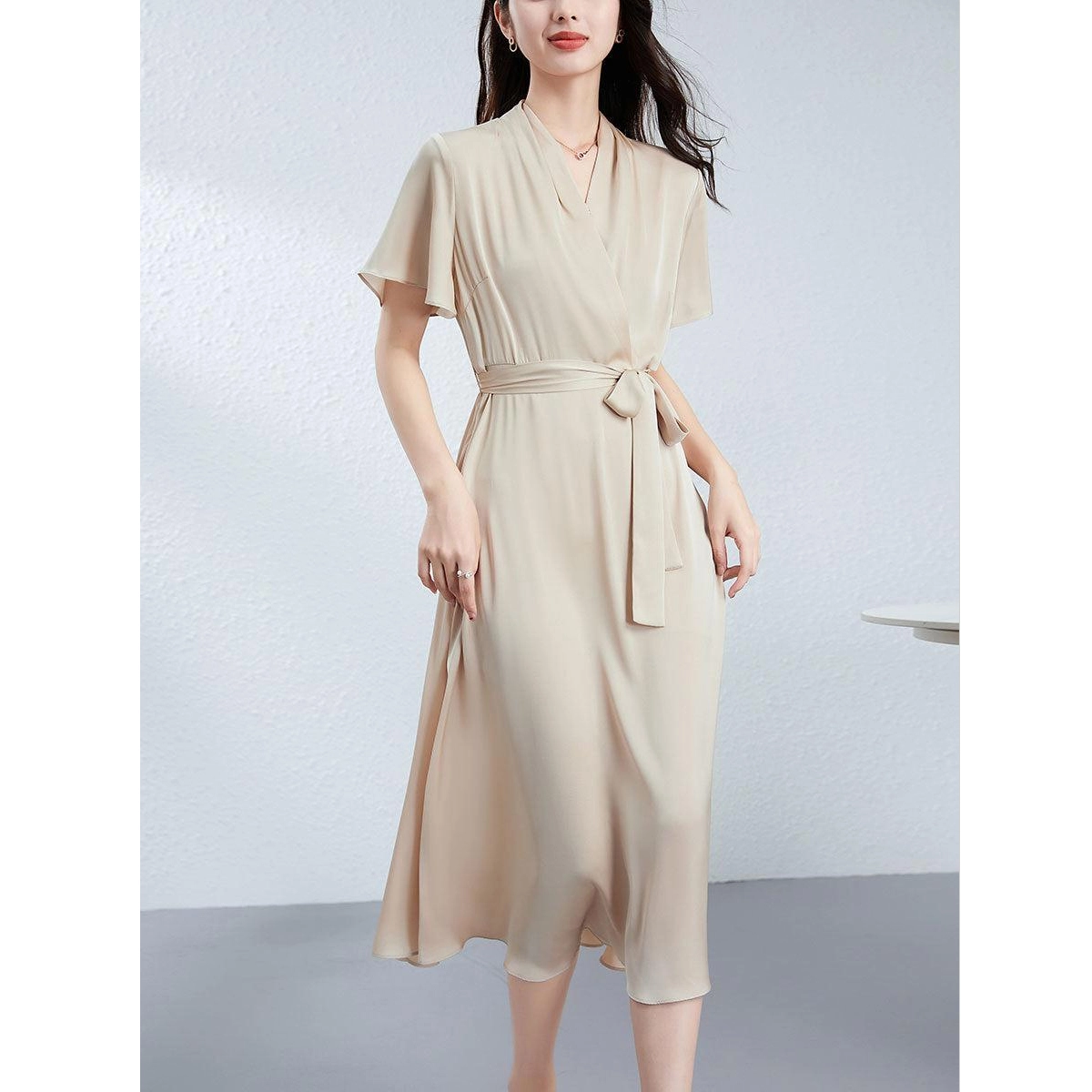 Soft lightweight wrap silk midi dress with flutter sleeves & tie waist