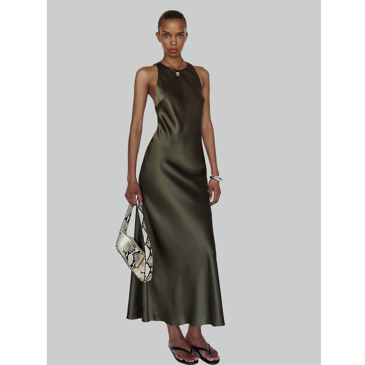 Soft shiny midi silk dress with sleeveless halter & flared hem