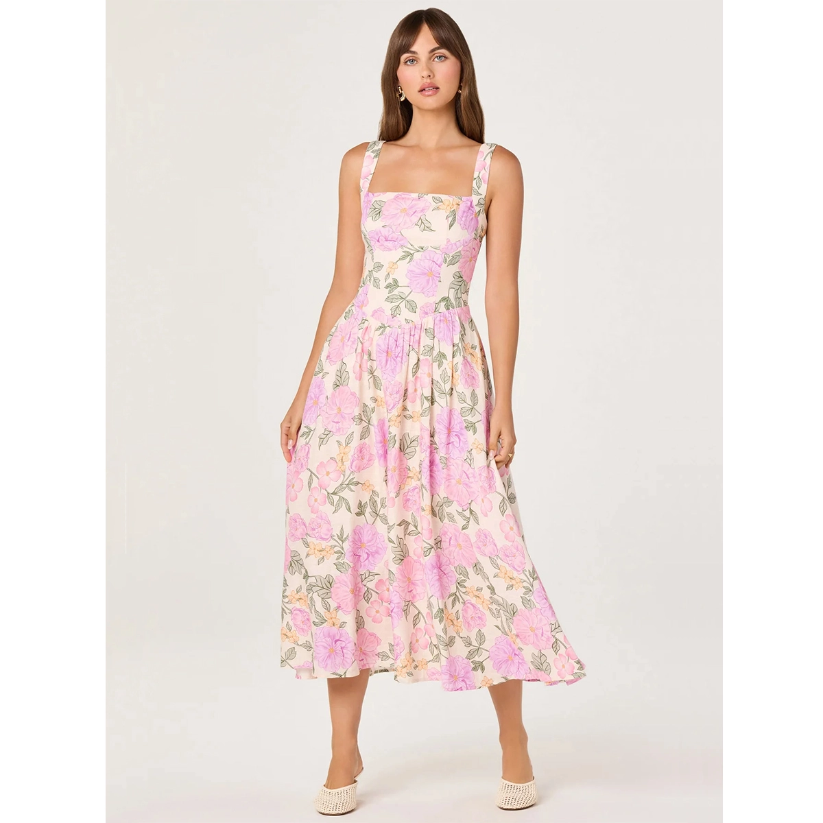 floral midi dress with square neckline wide shoulder straps gathered waist flowy a-line silhouette dress manufacturer wholesale supplier