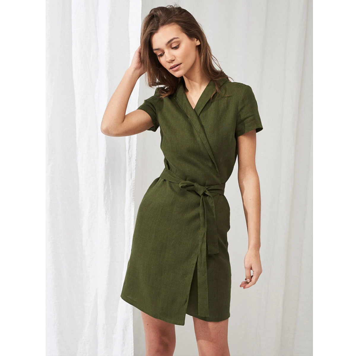 olive green mini wrap mini dress with lapel collar short sleeves self tie waist split hem