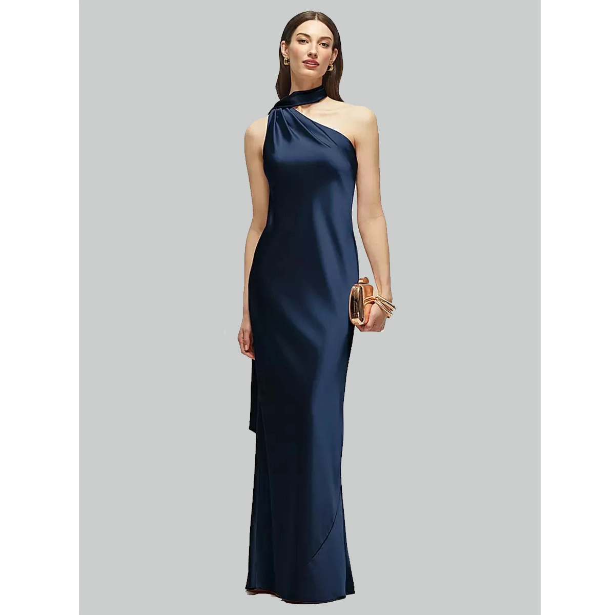 one shoulder bridesmaid dress with pleated neckline draped scarf detail elegant wedding dress