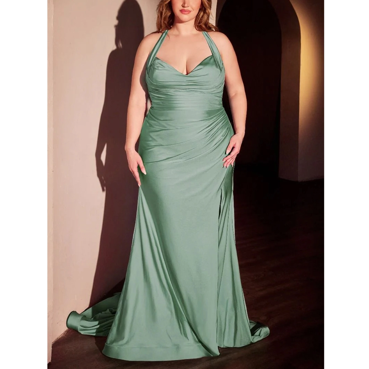 sage green plus size satin evening dress with halter neck ruched bodice draped waist mermaid gown with train