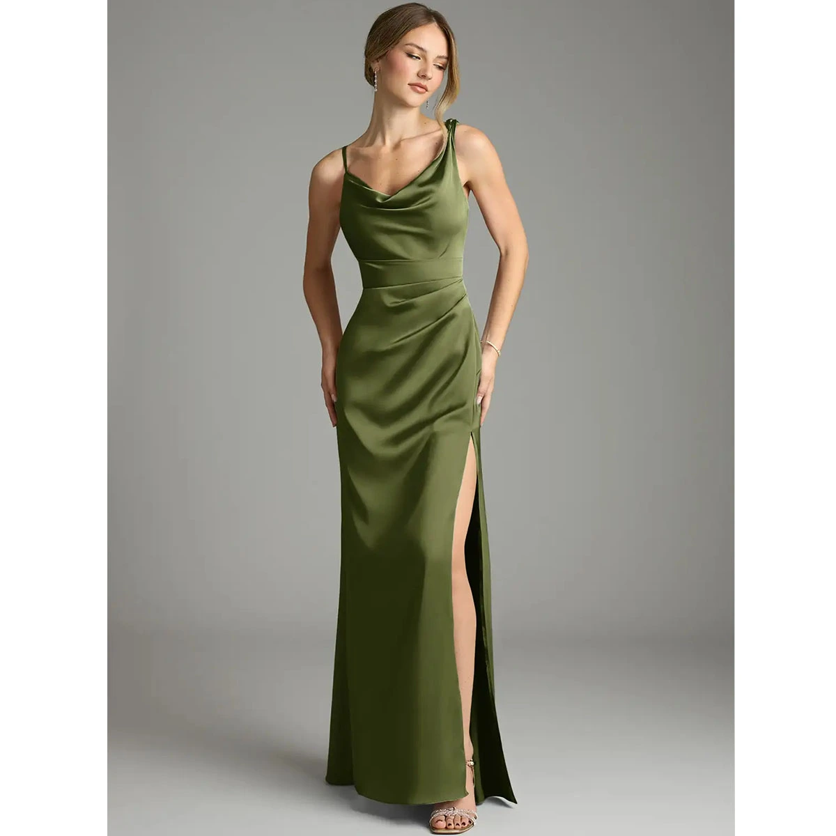 olive satin maxi dress cowl neckline asymmetrical narrow straps pleated bodice high side slit evening dress