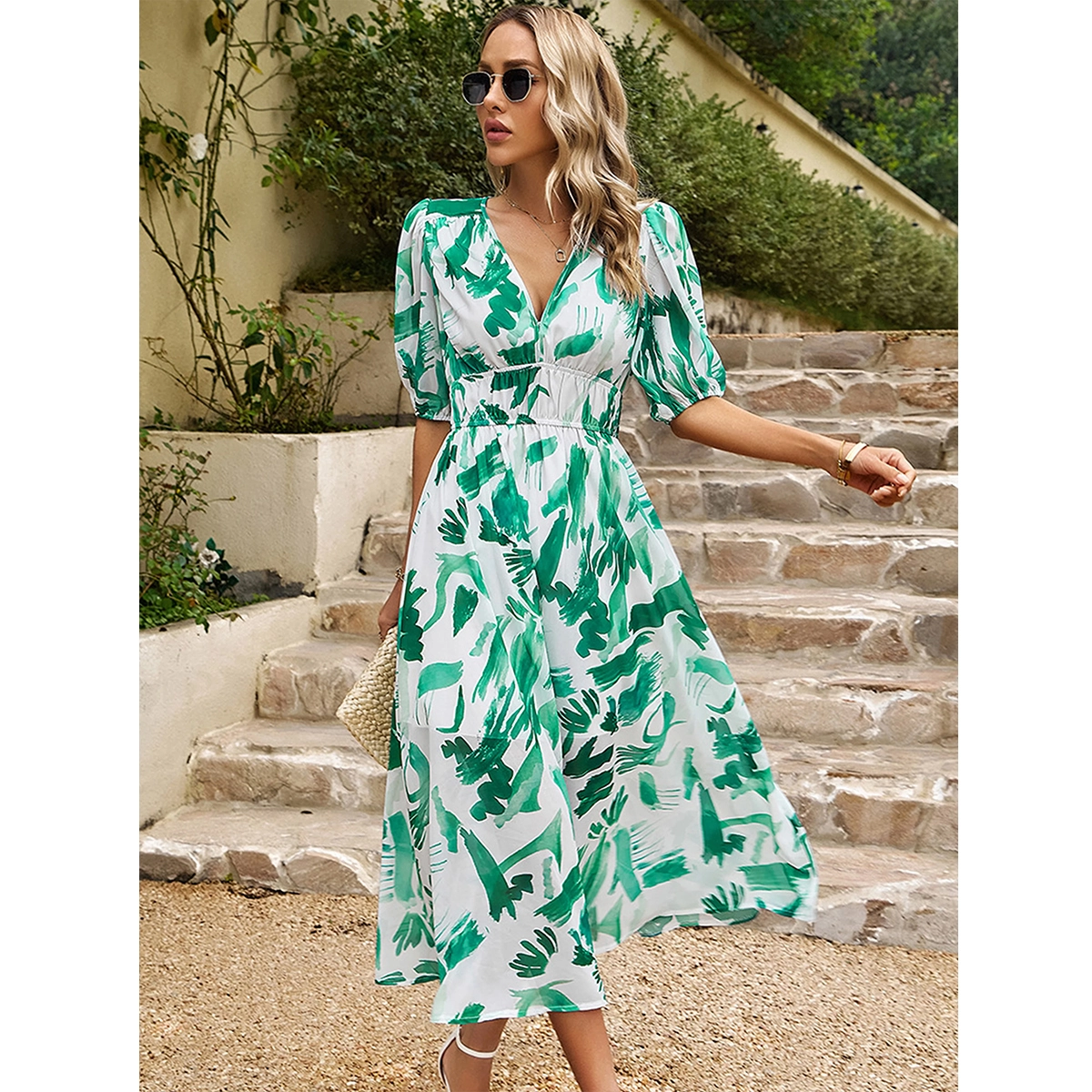 green floral short sleeve wedding guest dress with v neckline ankle length design dress manufacturer wholesale supplier