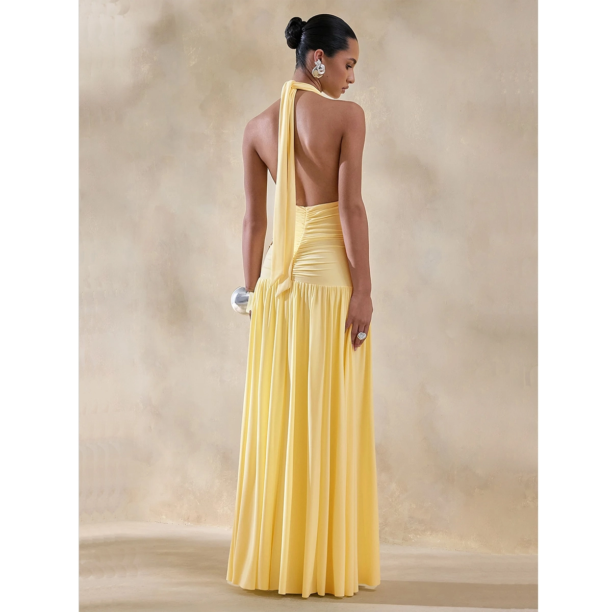 lemon plunge neck backless evening dress with self tie neckline ruched detailing maxi length silhouette