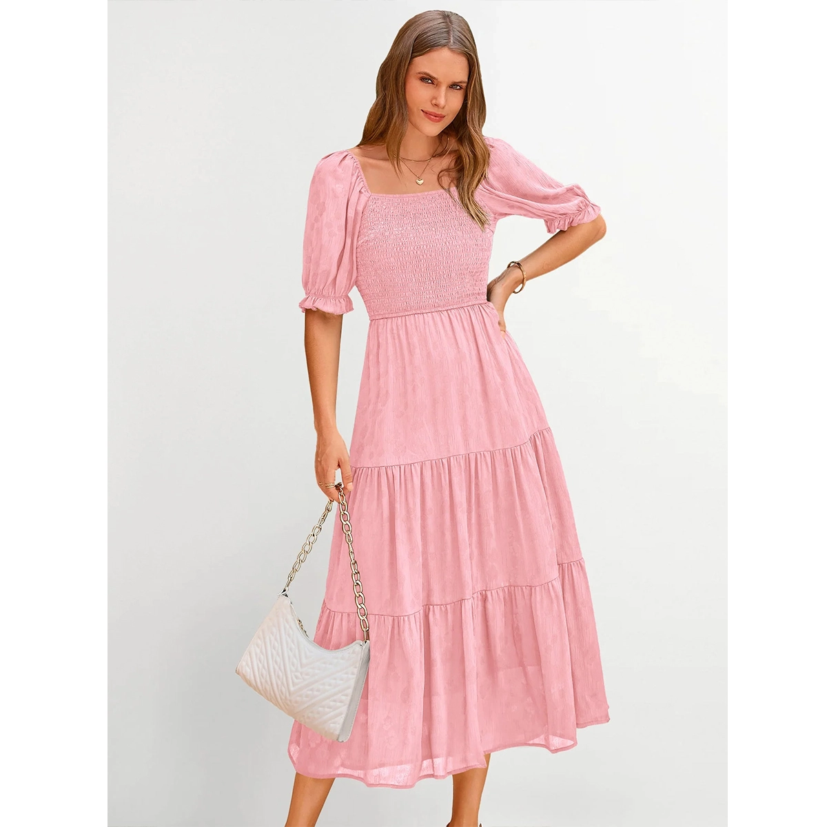 casual women's midi dress with square neckline ruffle short sleeves smocked bodice tiered hem and flowy a line design