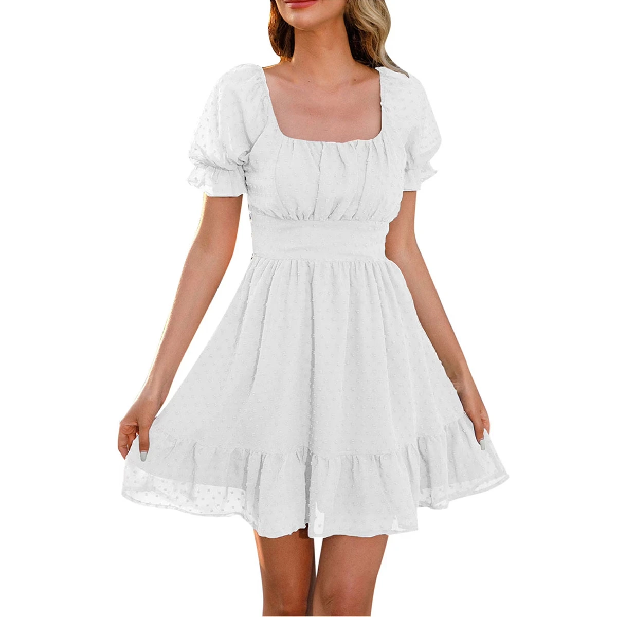 white casual mini dress with square neck short puff sleeves fitted bodice a-line ruffle hem