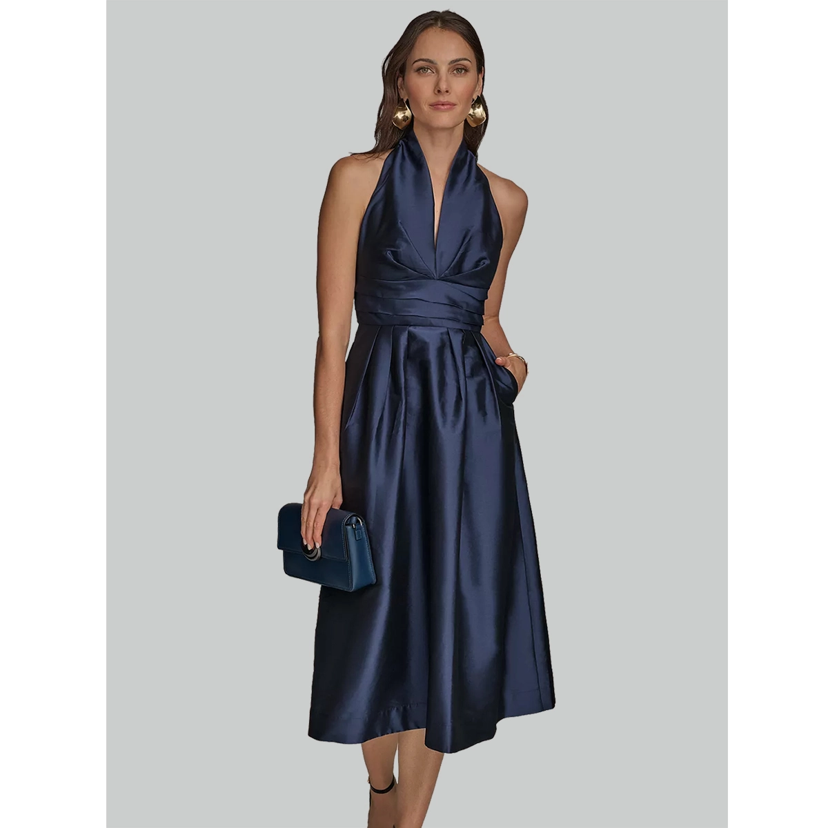 formal midi dress navy satin halter neckline fitted waist flared a-line skirt