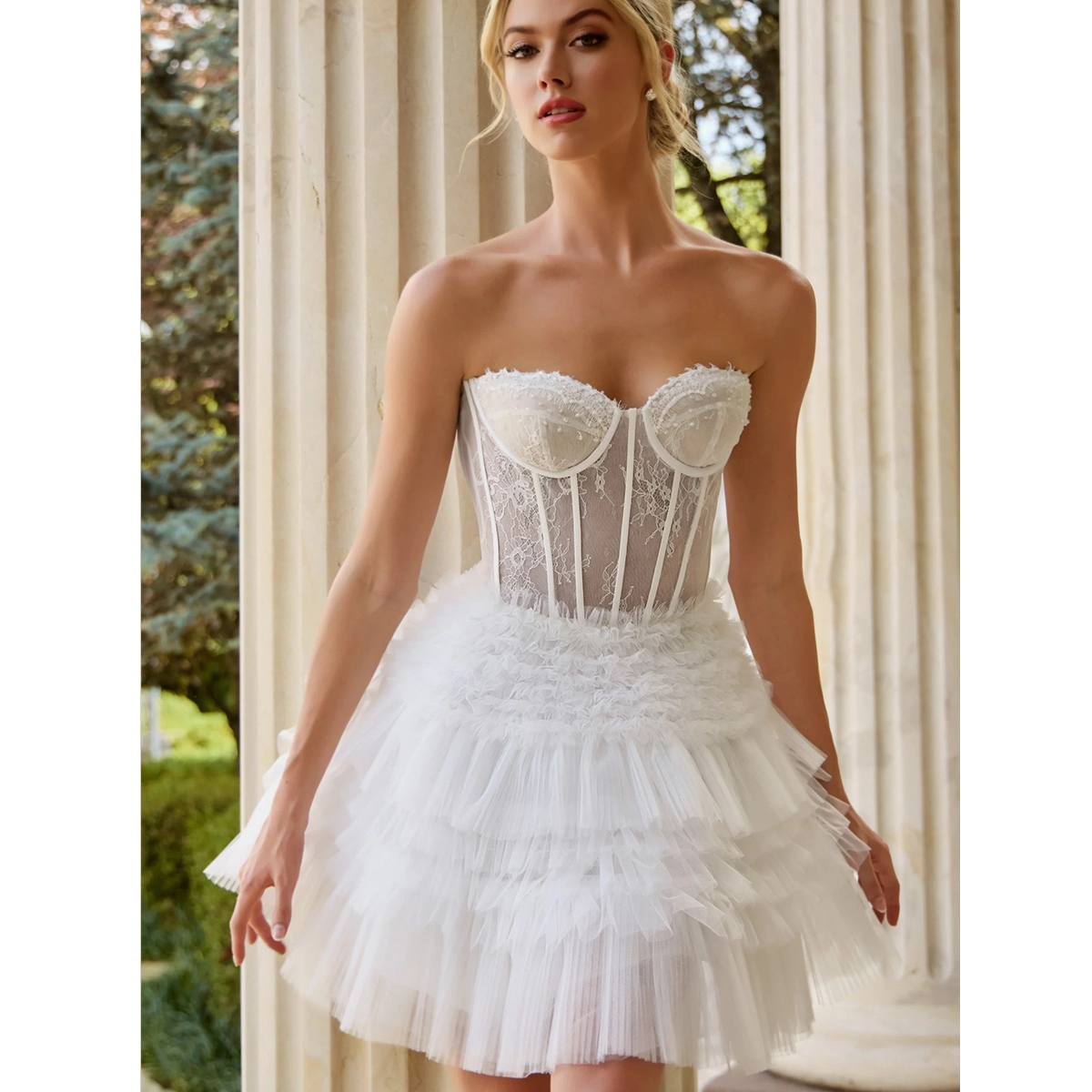 strapless corset lace mini dress with boning lace bodice layered tulle skirt ruffled hem fit and flare design