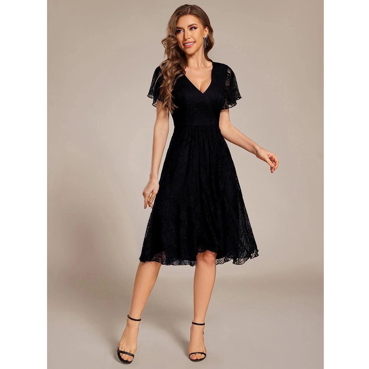 ruffled short sleeve v neck a line midi wedding guest dress with elegant silhouette dress manufacturer wholesale supplier