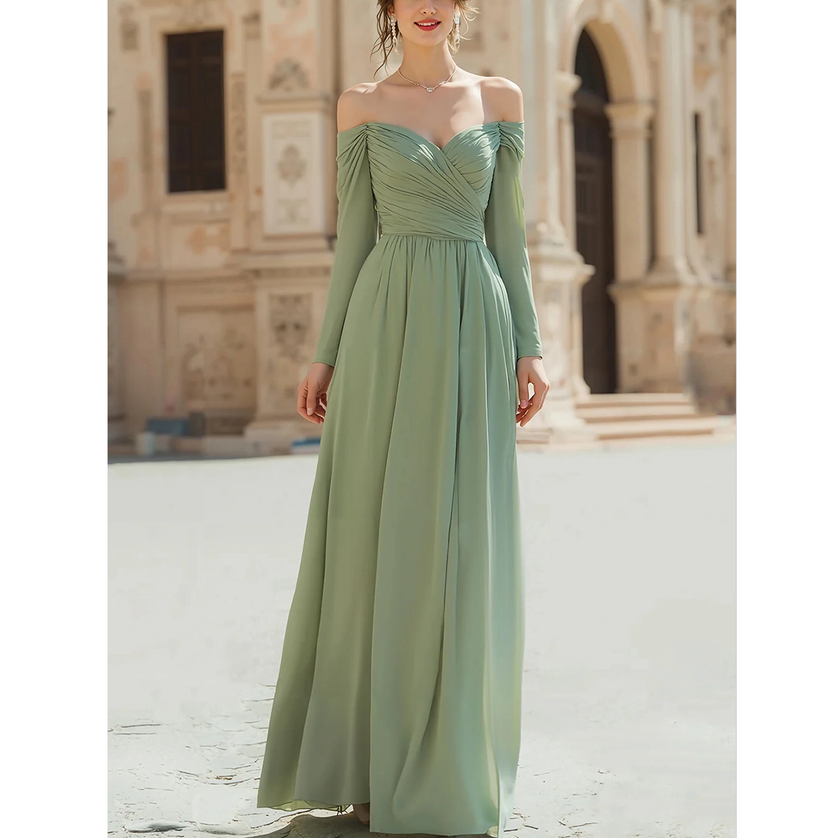 sage green off shoulder bridesmaid dress chiffon a line long sleeve wedding dress