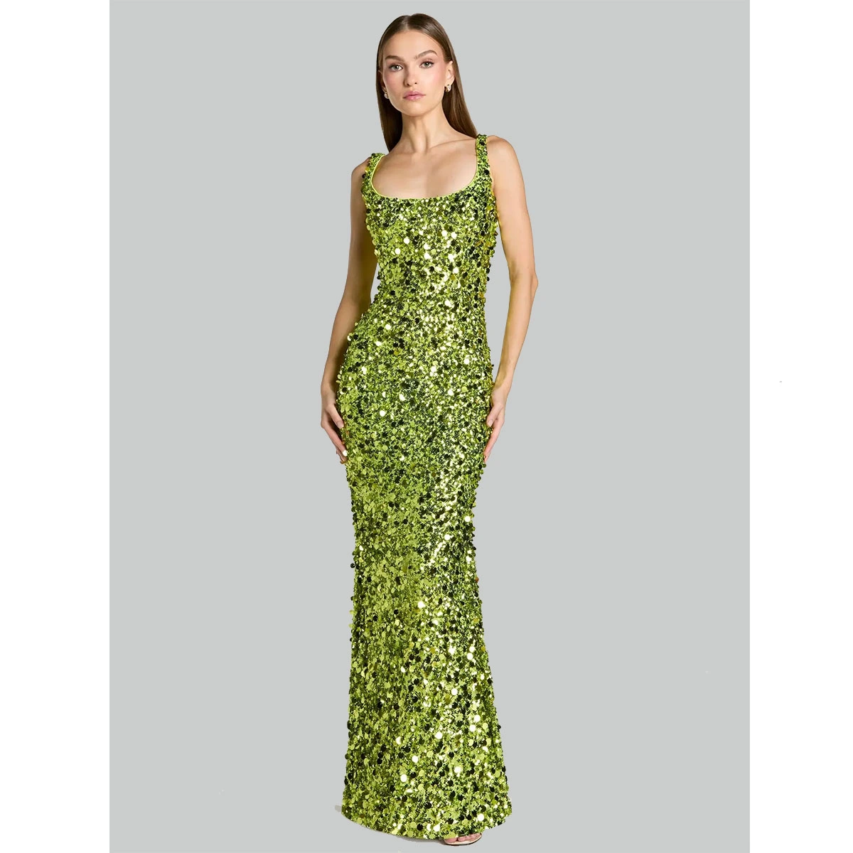 green sequin maxi dress scoop neckline sleeveless tonal sequin mesh fitted column evening dress