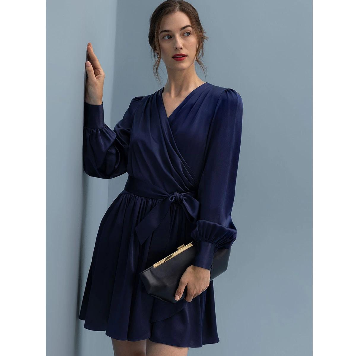 navy silk wrap mini dress with v neck long sleeves self tie waist flowy skirt hem