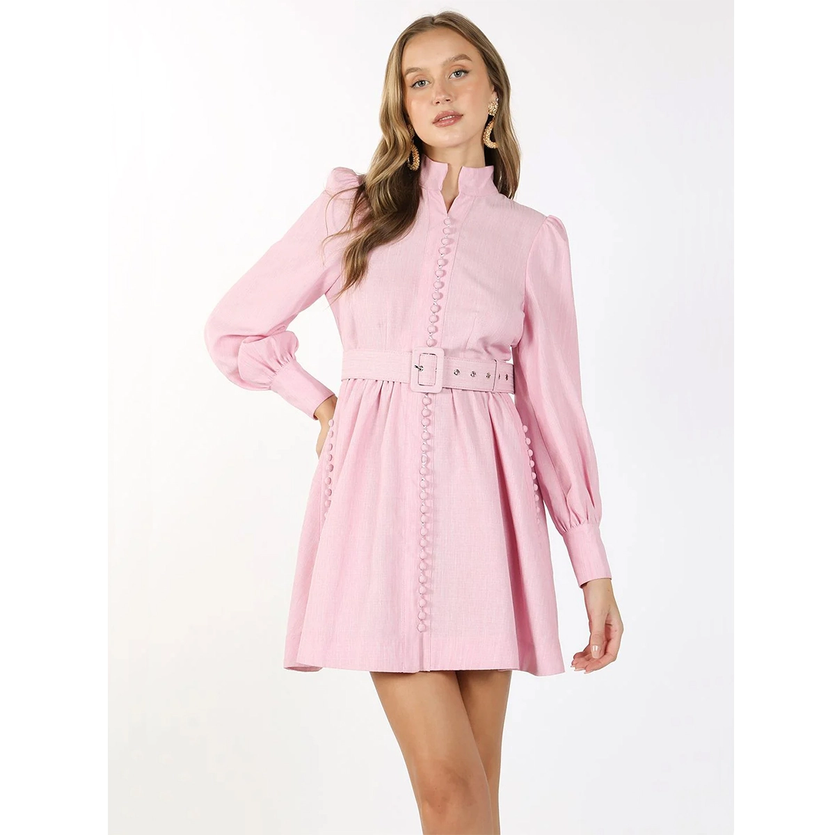 vintage mini dress with waist belt long sleeves and buttoned cuffs retro style