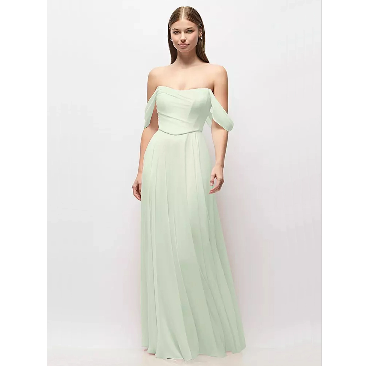 convertible bridesmaid dress full length chiffon dress with corset bodice detachable off shoulder draped swags