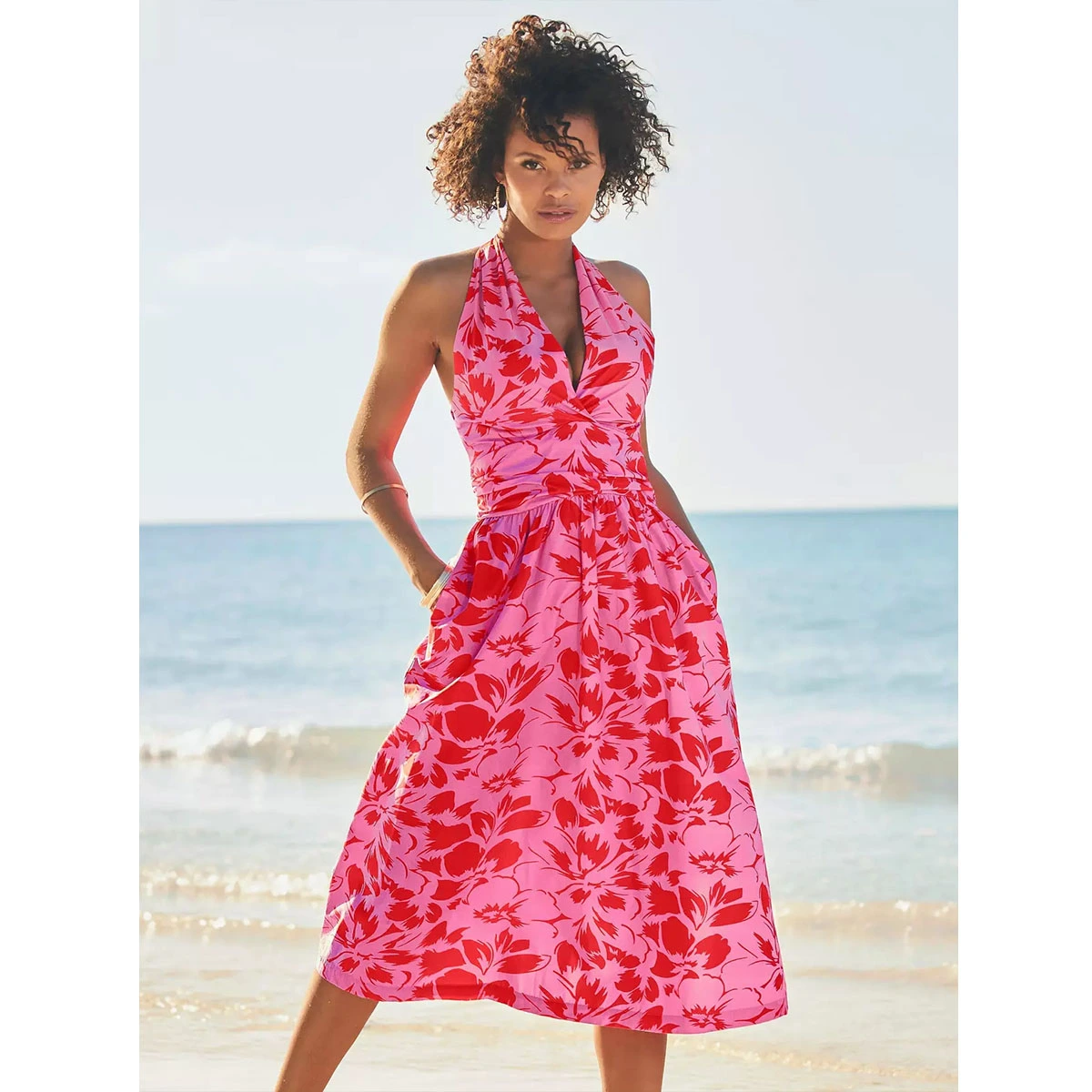 floral halter dress with self tie neckline banded empire waist ruched sides fully lined bodice