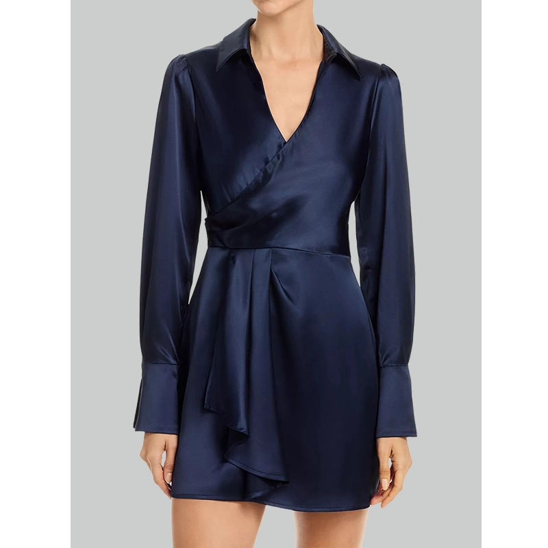 navy long sleeve satin dress with collared v neckline gathered waist decorative tie details concealed side zip closure