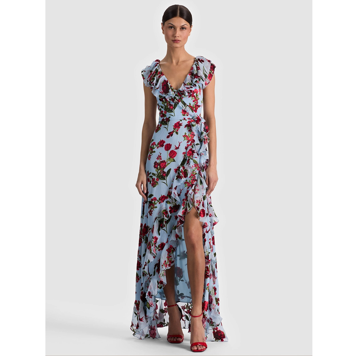 printed silk satin burnout maxi wedding guest dress with ruffle detail wrap front and back zipper closure dress manufacturer wholesale supplier