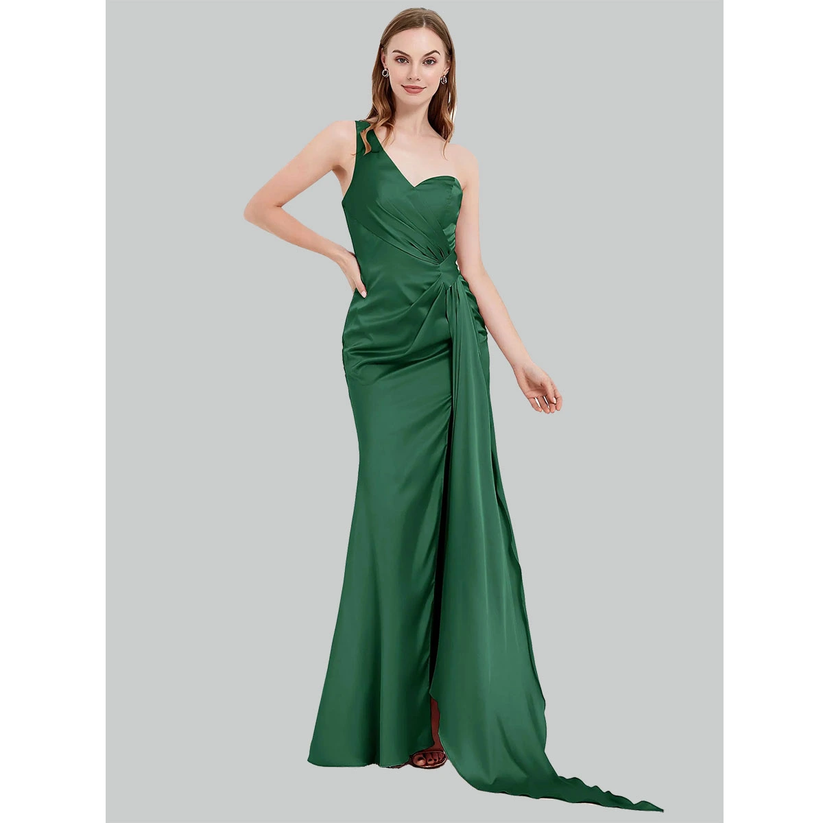 one shoulder pleated satin mermaid evening dress with floor length sheath dress with high side slit