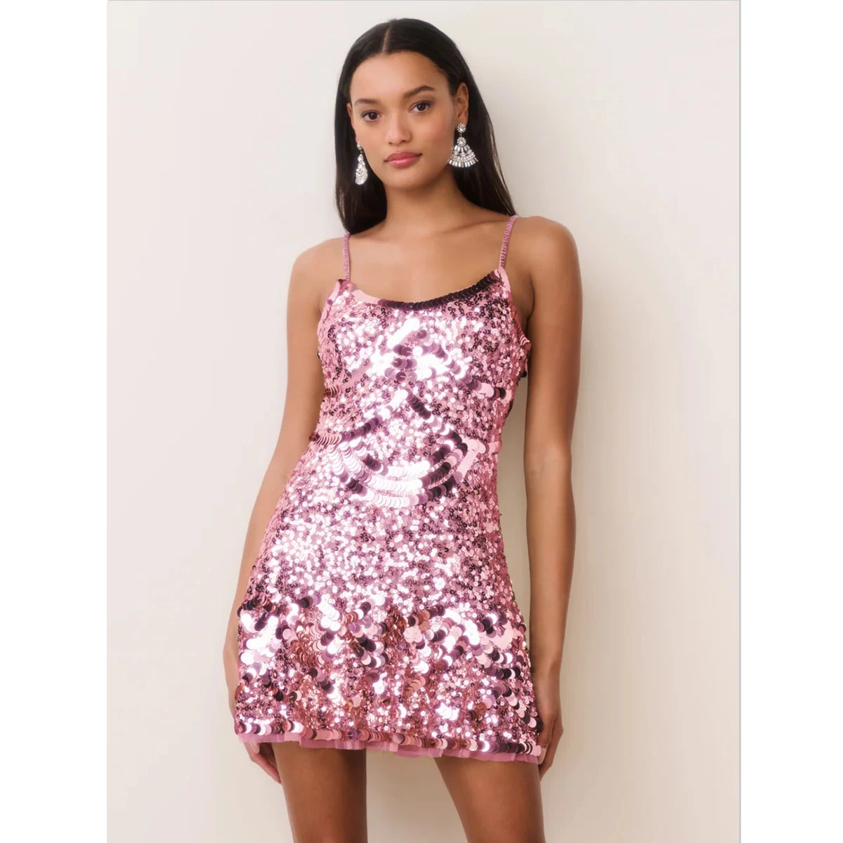 pink sequin mini party dress with spaghetti straps scoop neck fitted bodice flared swing skirt