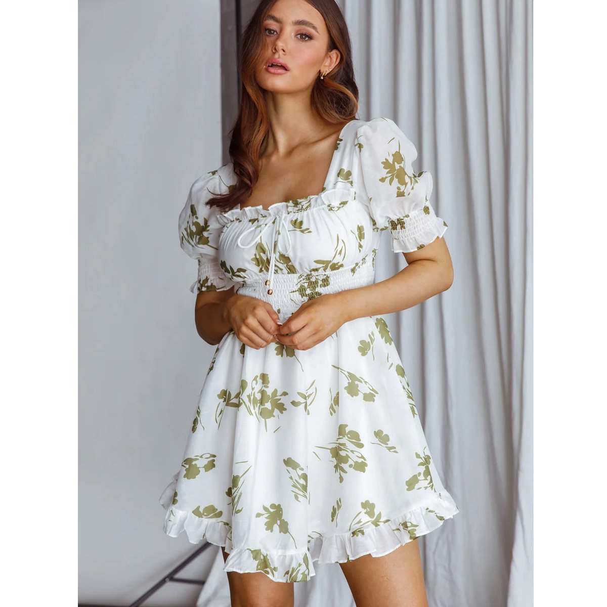 olive floral print puff sleeve summer dress square neckline shirred details frill trim open back string tie