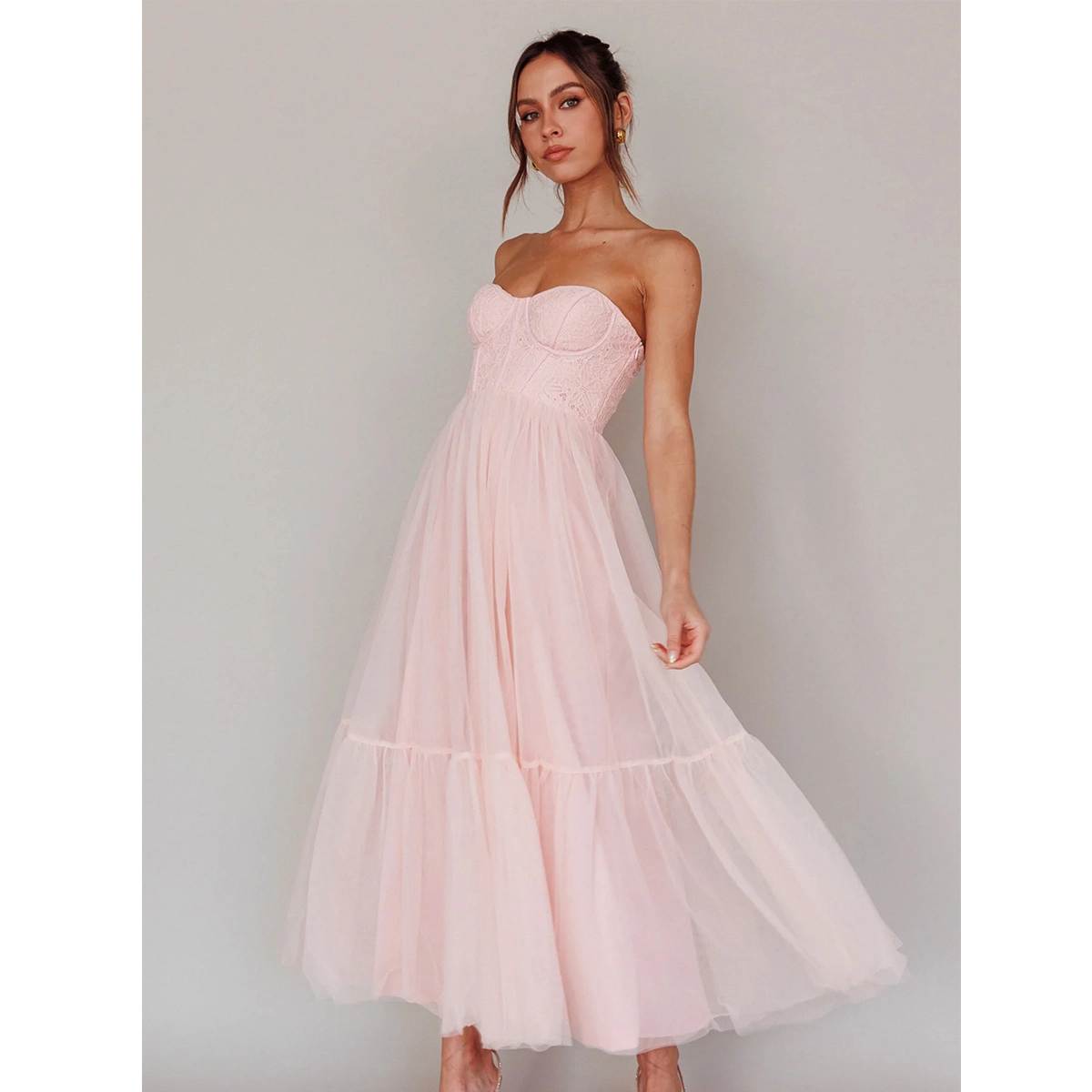 pink tulle midi dress with sweetheart neckline padded bust cups boned bodice and full lining design