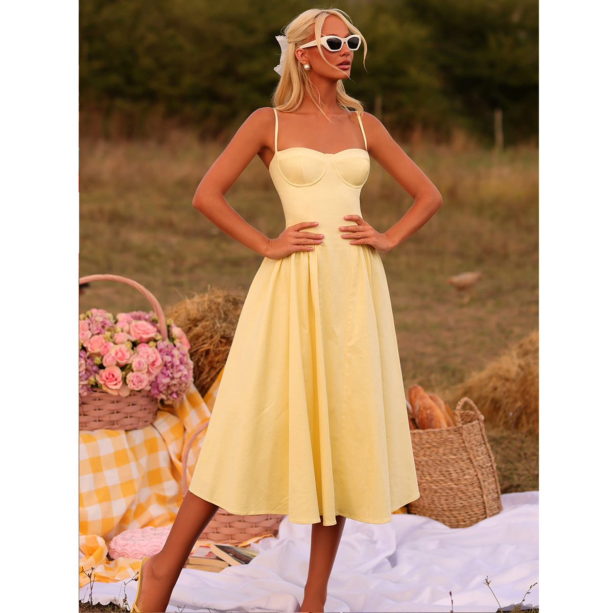 yellow a-line summer dress spaghetti straps bustier bodice flowy midi skirt