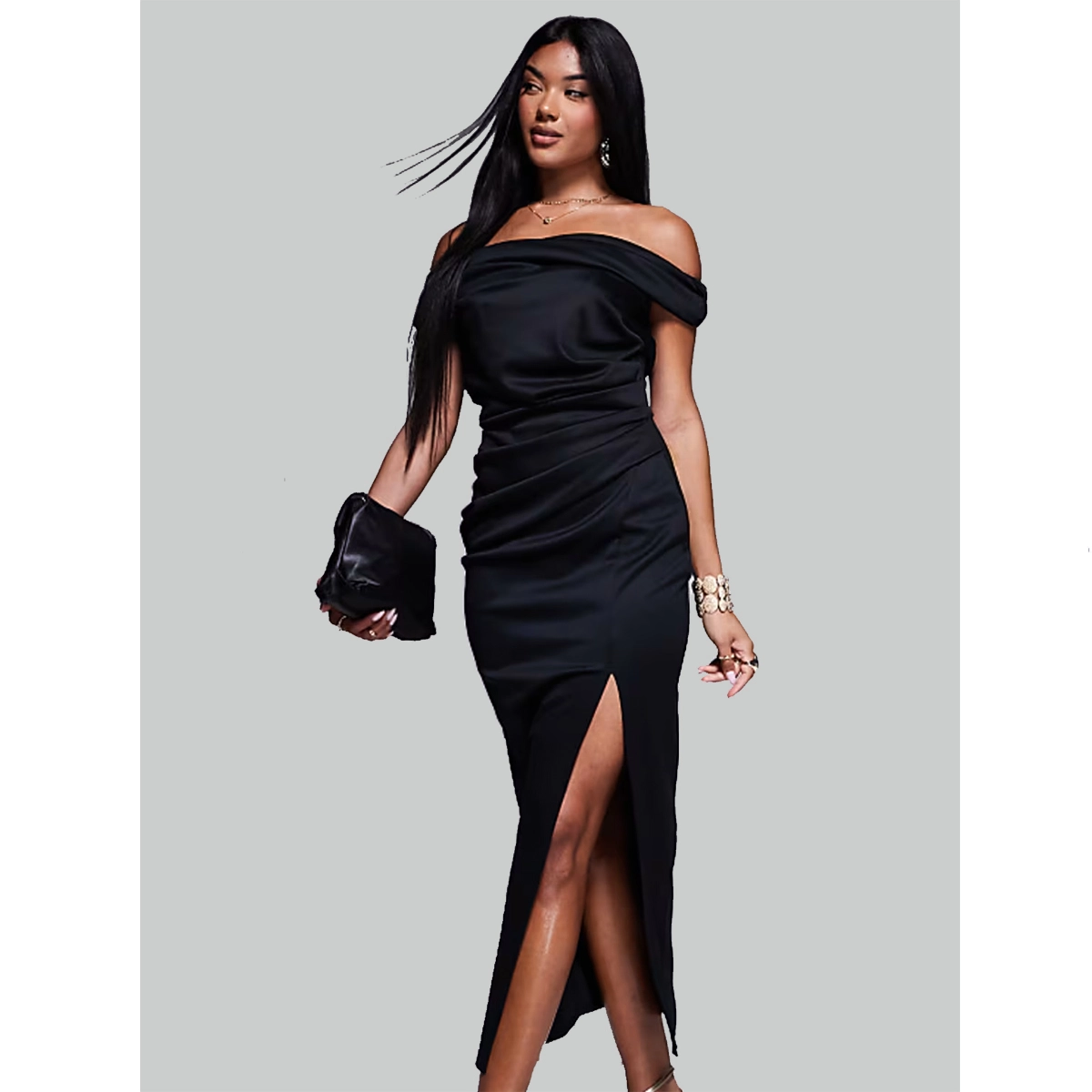 black bodycon midi dress with bardot neckline ruched waist thigh high slit and figure hugging fit
