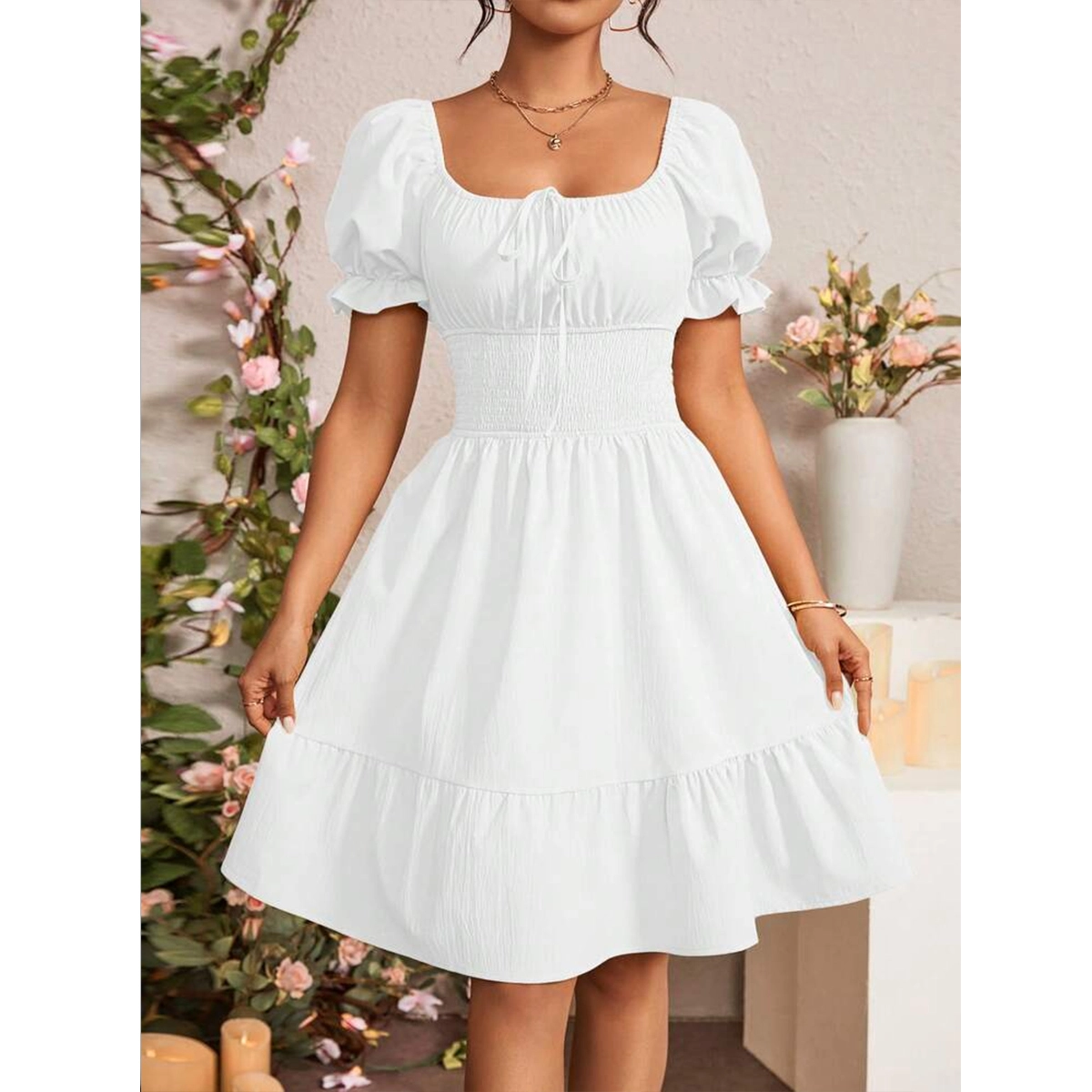 solid color casual puff sleeve dress square neckline short length regular fit a line skirt