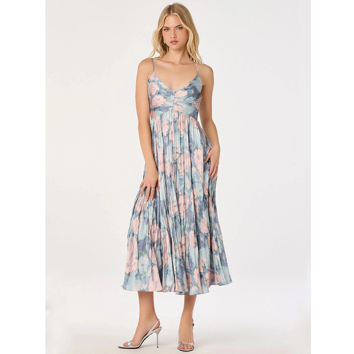 floral wedding guest dress in pleated satin with adjustable spaghetti straps v-neck empire waist smocked back flowing midi skirt dress manufacturer wholesale supplier