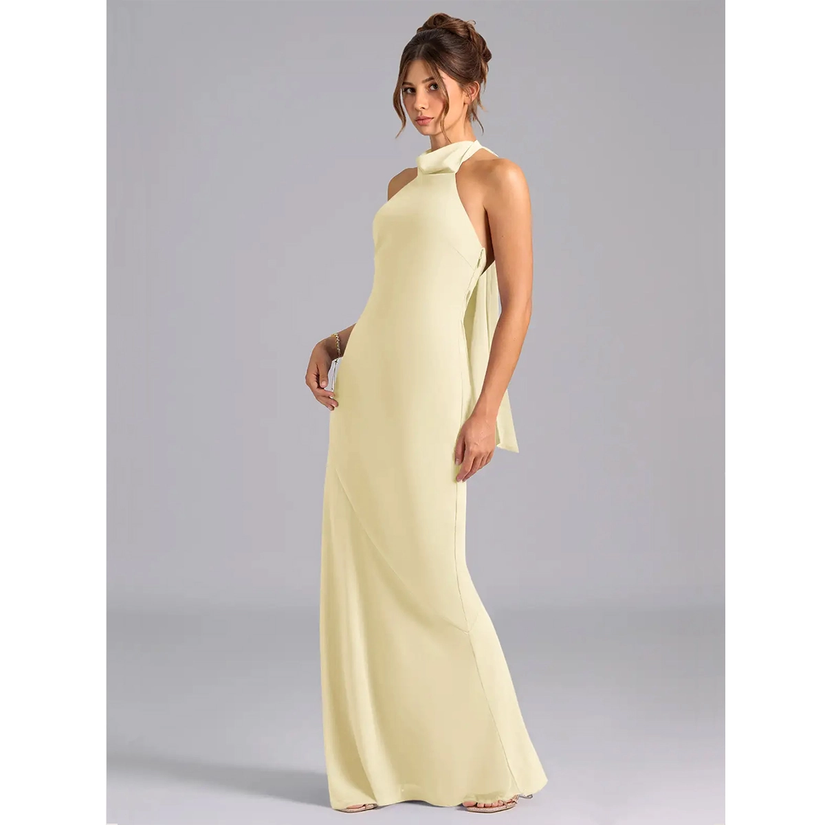 mermaid bridesmaid dress with high halter neckline self tie bow detail floor length fitted skirt wedding dress