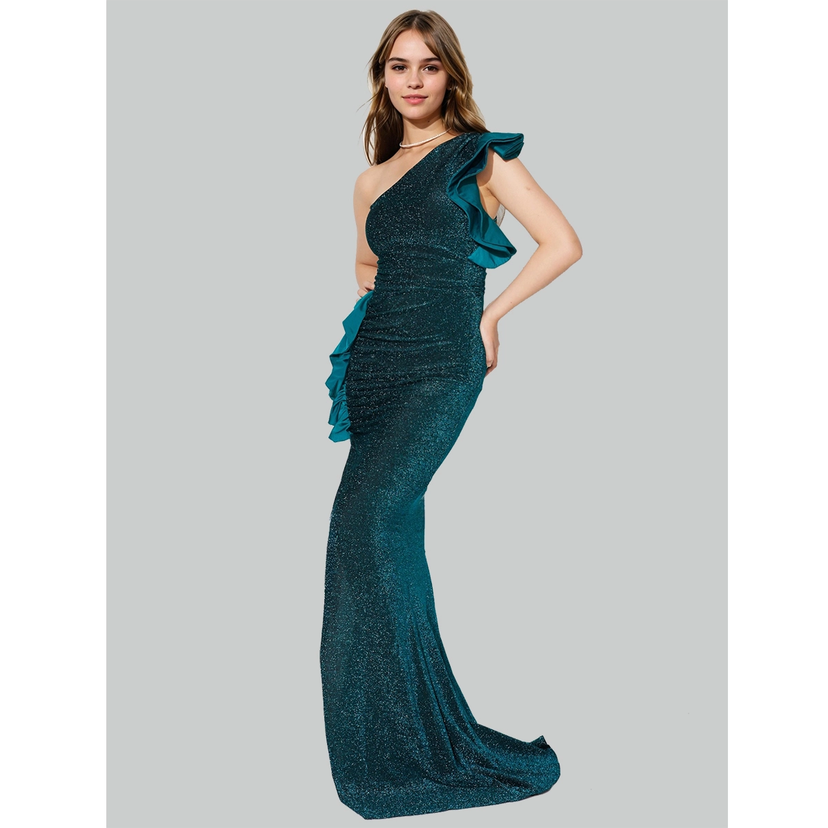 one shoulder evening dress with ruffled shoulder detail and high thigh slit formal party gown