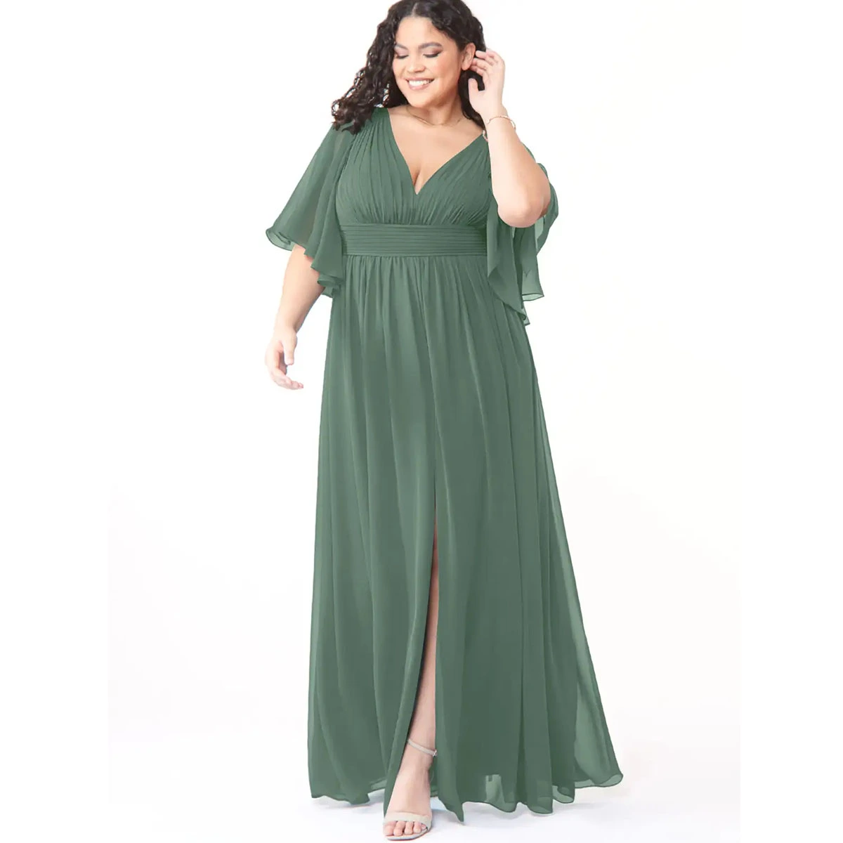 sage green plus size maxi dress v neckline pleated waist spaghetti strap tie back a line skirt formal dress