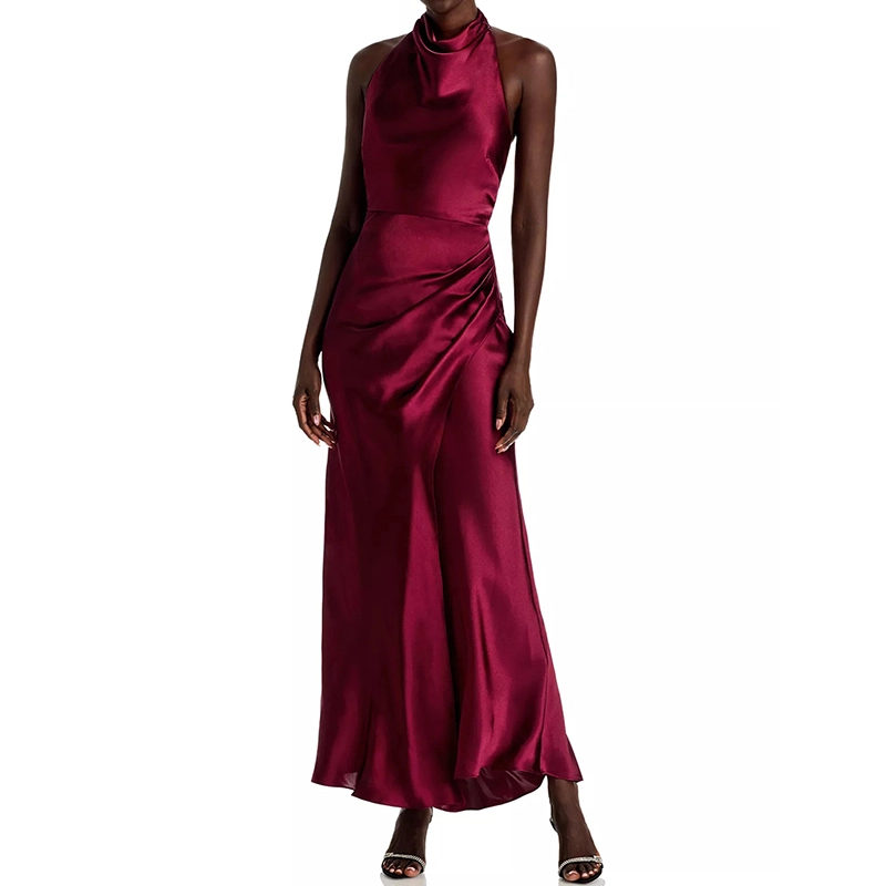 satin cocktail dress with cowl neckline sleeveless halter style seamed waist pleated left hip detail back waist pleat detail