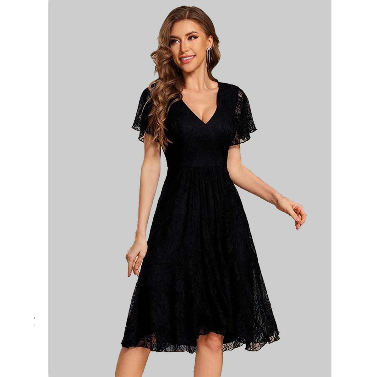 a line black dress v neck short sleeves flowy midi length casual party dress