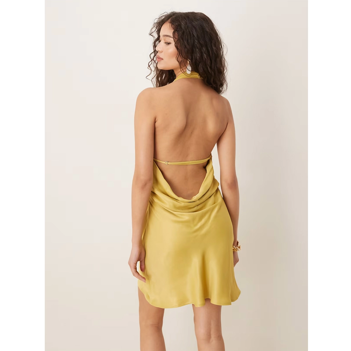 cowl neck satin backless cocktail dress with adjustable back straps open back regular fit silhouette