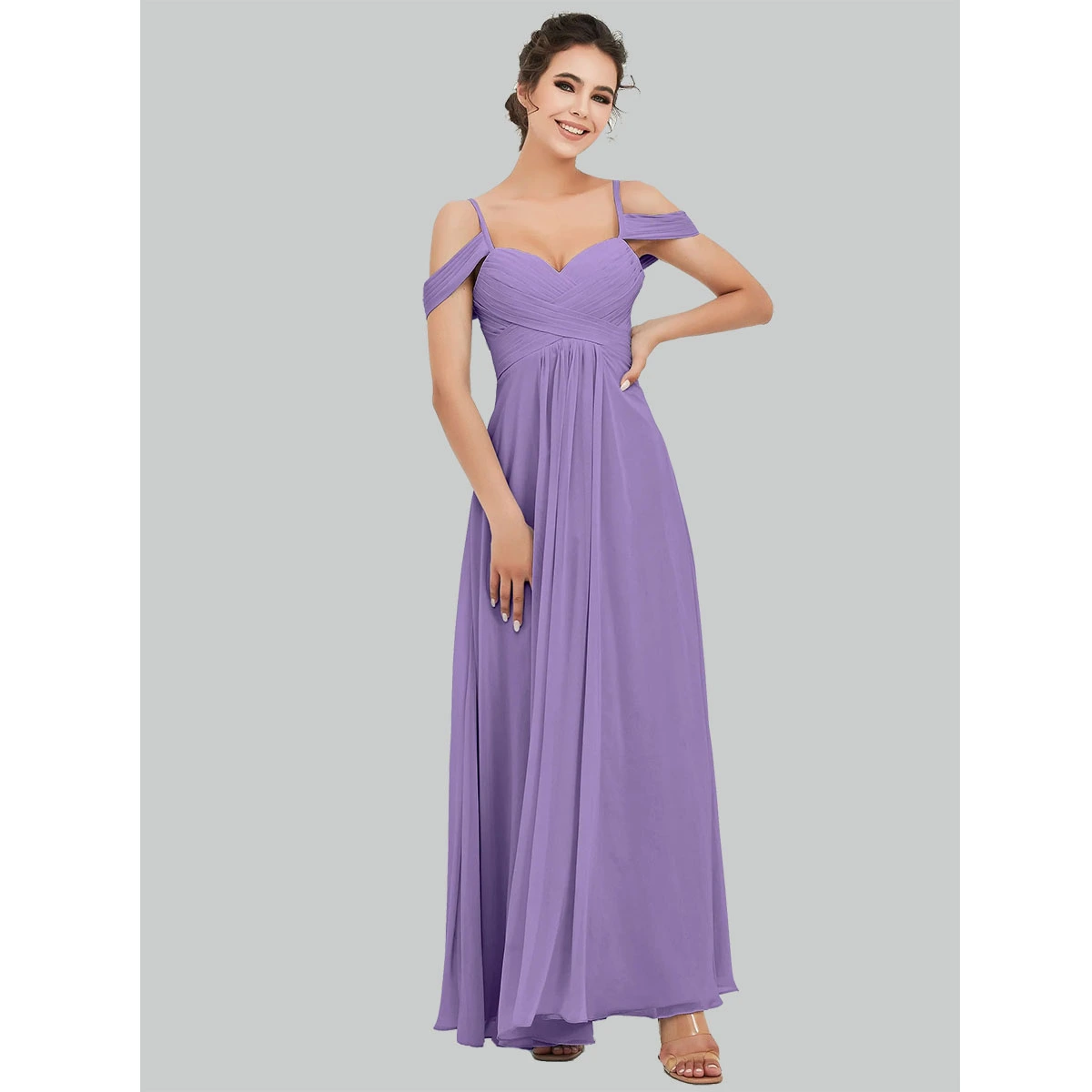 off the shoulder chiffon evening dress with spaghetti straps boned pleated bodice floor length a line skirt